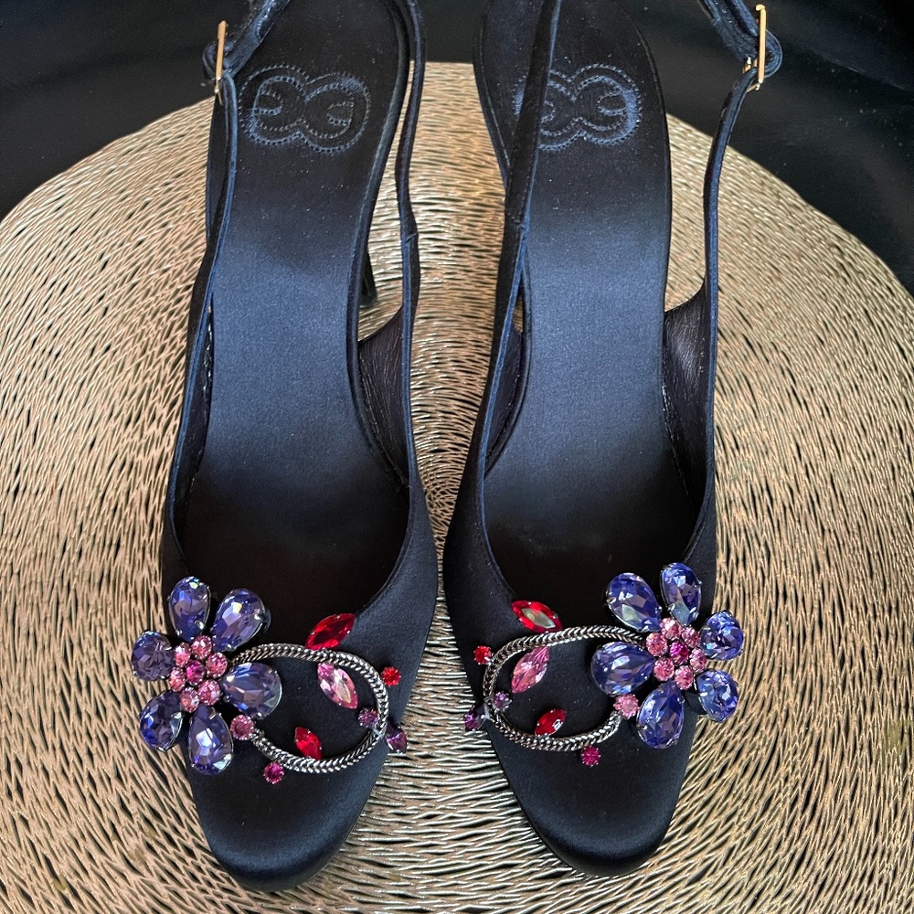 Escada black satin jeweled slingback pumps